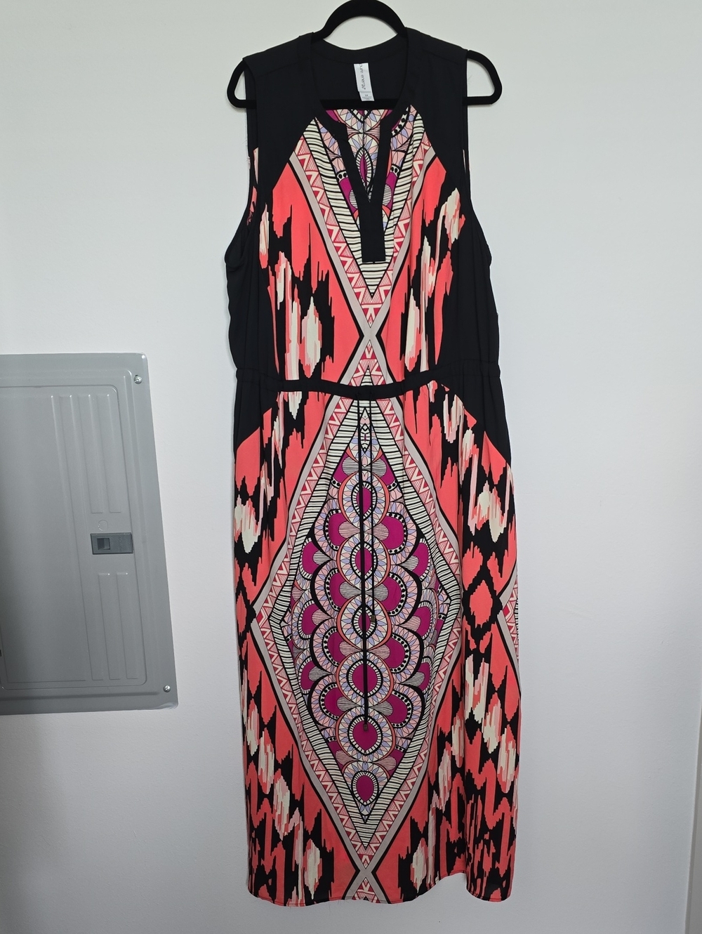 NWT Pure Energy Black Maxi Dress with Coral and Pink Medallion Print